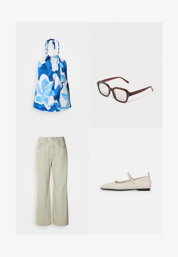 Top a collozzo blu e bianco con ampi motivi floreali, tessuto testurizzato e dettagli in perline sul collo per una maggiore eleganza.; Jeans blu chiaro a gamba larga realizzati in denim, con vita alta, cinque tasche e un leggero sbiadimento con accenti di cucitura a contrasto.; Décolletés Mary Jane bianchi in pelle con punta affilata, fibbia laterale e tacco basso nero. Texture liscia e design minimalista.; Occhiali rettangolari traslucidi marroni con lenti trasparenti, leggero riflesso viola e piccoli punti decorativi dorati agli angoli anteriori.; Orecchini a cerchio in argento con una finitura liscia e lucida. Forma rotonda e chiusura a scatto sicura. Design leggero adatto per l'uso quotidiano.