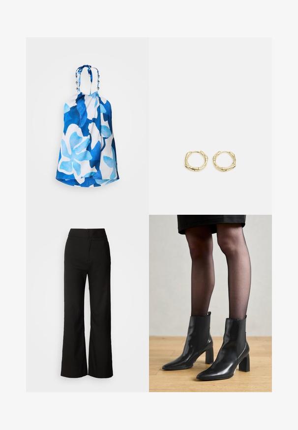 Blå og hvit halterneck-top med store blomster mønstre, teksturert stoff og perle-accenter ved halsen for ekstra detaljer.; Sorte vidde-bukser med glatt tekstur, høy midje og et rent design. Ingen synlige lommer eller pynt.; Sorte ankelstøvler i skinn med spiss tå, chunky firkantet hæl, og slank design. Har elastiske sidede paneler for enkel påføring.; Gullige hoop øreringer med en teksturert, uregelmessig form. Har en sømløs lukking og en polert overflatefinish som fremhever et moderne design.