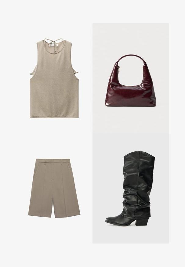 Top bej fără mânecă, realizat dintr-un material moale, cu un decolteu rotund și un detaliu cu legătură la spate. Decupajele laterale adaugă un element de design modern.; Shorts plisati bej cu croi drept, dotati cu bucle pentru curea si buzunare laterale. Realizati dintr-un material fin si usor.; Cizme lungi din piele neagră, cu un design căzut, vârf ascuțit și toc gros, având o textură netedă și cusături minime.; Geantă din piele burgundy cu o finisare lucioasă, mânere rotunde și deschidere cu fermoar; prezintă un design elegant și minimalist.; Cercei cerc cu mărgele roșii, având o suprafață texturată și un sistem de prindere din metal auriu. Formă circulară cu centru deschis și detalii cu mărgele rotunde.