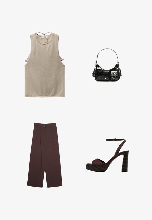 Beige ærmeløs top lavet af blødt stof, med rund halsudskæring og bånd-detajle bagpå. Sideudskæringer giver et moderne designelement.; Stradivarius WIDE-LEG WITH BUCKLE DETAIL - Bukser - dark brown; Brune ruskinds højhælede sandal med åben tå, justerbar ankelrem og en stribet plade sål.; Sort patenteret læder håndtaske med en buet form, en skulderrem, frontlommer og hardware accenter i sølvfarve.