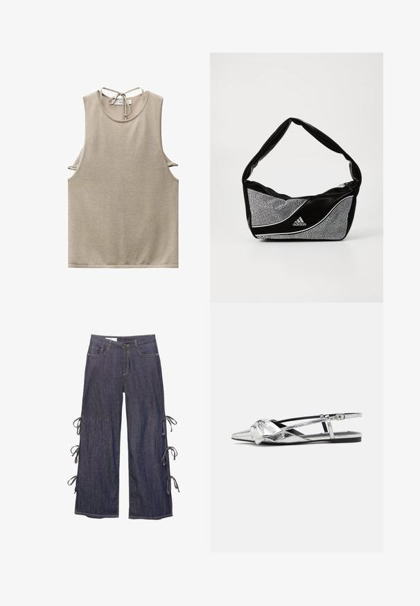 Beige ærmeløs top lavet af blødt stof, med rund halsudskæring og bånd-detajle bagpå. Sideudskæringer giver et moderne designelement.; Mørkeblå denim bukser med bred benvidde, sidelukninger og knaplukning. Har forlommer og en afslappet silhuet.; Sølvmetallic slingback flade sko med spids tå, der har en knude-detalje foran og en justerbar rem for sikker pasform.; Sort og sølv adidas taske med en glat tekstur, prydet med et skinnende nittermønster og et karakteristisk buet design.