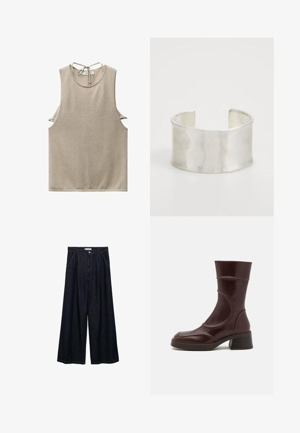 Beige bezrukávový top vyrobený z měkkého materiálu, s kulatým výstřihem a detailem zavazování na zádech. Boční výřezy dodávají moderní designový prvek.; Tmavě modré široké kalhoty s vysokým pasem, které mají zapínání na přední knoflík, dvě boční kapsy a švy.; MIISTA MALENE - Kotníkové boty - brown; Zign Náramek - silver-coloured