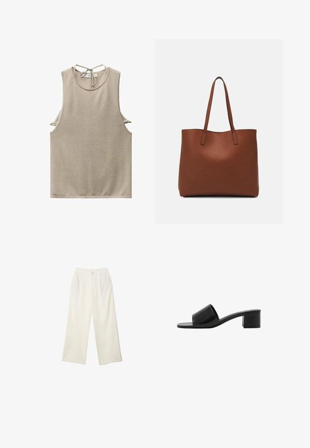 Beżowy bezrękawnik wykonany z miękkiego materiału, z okrągłym dekoltem i zapięciem na plecach. Wycięcia po bokach wprowadzają nowoczesny element designu.; Spodnie z szerokimi nogawkami w kremowej tkaninie o gładkiej fakturze, z pojedynczym guzikiem z przodu, subtelnymi plisami i wysokim stanem.; Czarne skórzane klapki na otwartym palcu z szerokim paskiem i solidnym obcasem blokowym. Charakteryzują się gładką fakturą i minimalistycznym designem.; Brązowa skórzana torba tote o gładkiej fakturze, z otwartym wierzchem i dwoma ramiączkami. Charakteryzuje się minimalnym przeszyciem i brakiem widocznych elementów metalowych.