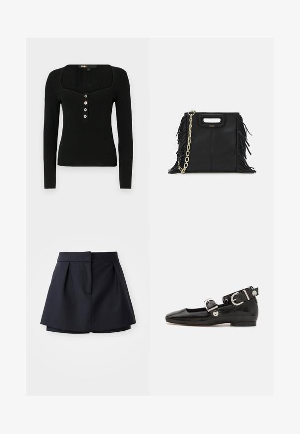 Zwart lange mouwen geribbelde top met een vierkante halslijn en vijf decoratieve knopen aan de voorkant voor sluiting.; Marineblauwe geplooide shorts met een hoge taille, gemaakt van een soepele stof. Heeft een getailleerd ontwerp en een verborgen voorkeurszak.; Zwarte gepatineerde leren platte schoen met een vierkante neus, enkelband met zilverkleurige hardware en platte zool. Gladde textuur met minimalistisch ontwerp.; Zwarte leren handtas met franjes, gouden schouderband van schakels en een uitsnijding in de handgreep. Heeft het logo prominent aan de voorkant.