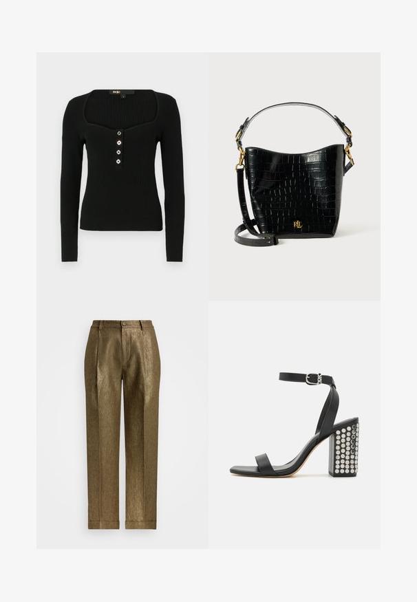 Schwarzes langärmliges Rippoberteil mit quadratischem Ausschnitt und fünf dekorativen Knöpfen vorne zum Schließen.; Metallisch bronze farbene, taillierte Hose mit glatter Textur, geradem Bein, vorderen Falten und umgeschlagenem Saum; ausgestattet mit einem Knopfverschluss und Gürtelschlaufen.; Schwarze Ledersandalen mit Absatz und Knöchelriemen. Mit einer quadratischen Schuhspitze, glatter Textur und einem quadratischen Blockabsatz, der mit silbernen Nieten verziert ist.; Schwarze, krokodilgeprägte Lederhandtasche mit geschwungener Form, goldfarbenen Hardware-Akzenten, einem verstellbaren Riemen und einem Logodetail auf der Vorderseite.