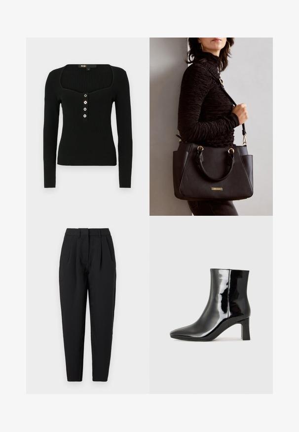 Črni dolgi rokavi ribani top s kvadratnim izrezom in petimi dekorativnimi gumbi spredaj za zapiranje.; Črne hlače ravnega kroja, z gubami spredaj, gladko teksturo in stranskimi žepi. Pas je standardne višine.; Črne lakirane gležnjarje z ošiljenim nosom in srednje visokim blokastim peto. Gladka tekstura in minimalističen dizajn.; Črna torbica z teksturirano površino, z dvema zgornjima ročajema in nastavljivim ramenskim pasom. Ima zlatovrateče dodatke in stranske žepe.