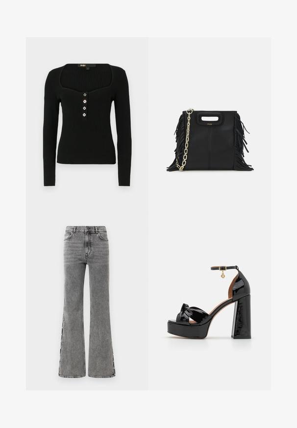Schwarzes langärmliges Rippoberteil mit quadratischem Ausschnitt und fünf dekorativen Knöpfen vorne zum Schließen.; Schwarze Jeans im Flared-Stil mit hoher Taille. Verfügt über sichtbare Nähte und seitliche Schlitze, die einen strukturierten Look bieten.; Maje High Heel Sandalette - noir; Schwarze Lederhandtasche mit Fransen-Details, goldener Ketten-Schulterriemen und einem ausgeschnittenen Griff. Mit Logoplatzierung auf der Vorderseite.