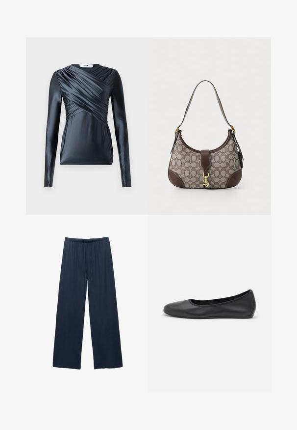 Langærmet top i mørk navy satin med samlede detaljer foran og glat tekstur, der har en rund halsudskæring og tætsiddende silhuet.; Marineblå wide-leg bukser lavet af et blødt materiale, med en elastisk talje og snoretræk for justerbar pasform.; Sort læderballetsko med rund tå, glat tekstur, minimal syning og et fleksibelt såldesign.; COACH HAMPTONS HOBO BAG IN SIGNATURE JACQUARD - Håndtasker - oak maple