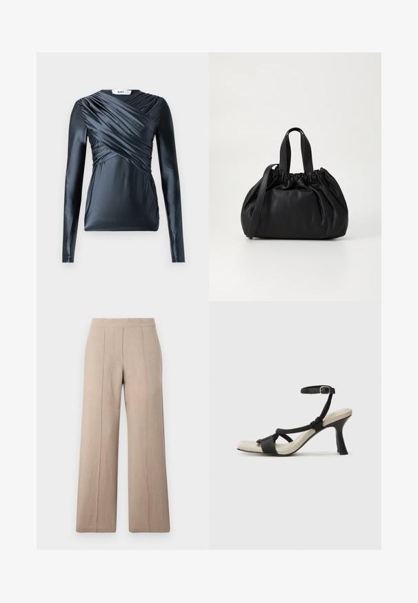 Langærmet top i mørk navy satin med samlede detaljer foran og glat tekstur, der har en rund halsudskæring og tætsiddende silhuet.; Beige vidde bukser lavet af letvægtsstof med frontfolder, en glat talje og en lige skæring med rene sømme.; Sorte hælede sandal med flettet remdesign, firkantet tå og justerbar ankelrem. Lys beige fodseng med en blank sort hæl.; Sort læderhåndtaske med en samlet topdesign, der har to korte håndtag og en lang justerbar rem. Glat overflade, rund form.