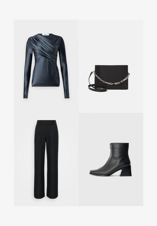 Long-sleeved top in dark navy satin with gathered detailing across the front and smooth texture, featuring a crew neckline and fitted silhouette.; Black wide-leg trousers made from a smooth fabric, featuring a high waist and subtle front pleats; no visible patterns or hardware.; Black leather ankle boot with square toe, side zipper, and block heel against plain light background.; Black leather crossbody bag featuring a smooth texture, rectangular shape, and a metallic chain detail on the front. Adjustable strap included.