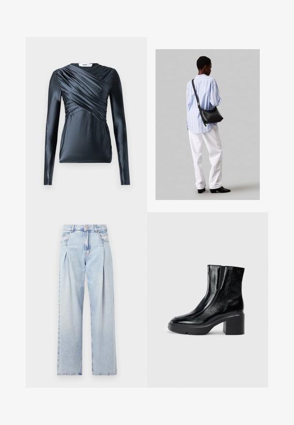 Pitkähihaine tummansininen satiinitoppi, jossa on rypytystä edessä ja sileä pinta. Topissa on pyöreä pääntie ja vartalonmyötäinen siluetti.; Vaaleansiniset farkut, joissa on korkea vyötärö, leveälahkeinen leikkaus, kaksi sivutaskua ja pleatattu muotoilu. Pehmeä rakenne, jossa on haalistunut viimeistely.; Musta patentoitu nahkasaappaat nilkkoihin, joissa on kaareva kärki, joustavat sivupaneelit ja paksu lohkoilut. Takana on kohokuvioitu logo.; Musta nahkainen olkalaukku, jossa on pehmeä rakenne, kolmion muoto ja säädettävä hihna, yhdistettynä vaaleansiniseen raidalliseen paitaan ja valkoisiin housuihin.