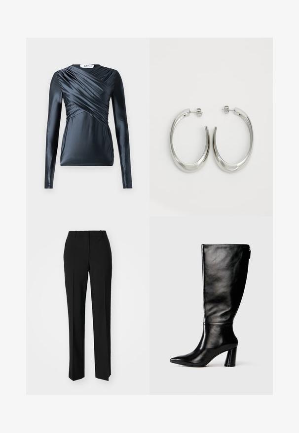 Tume laheline särk, mis on valmistatud satiinist, koos kokkuonnitud detailidega esiküljel ja siledast tekstuurist, omab ümmargust kaelust ja keha lähedast siluetti.; Mustad ja sirged püksid, millel on sile tekstuur ja teravad voldid esiosas. Ilma nähtavate detailideta.; Knee-high musta nahksaabas terava nina, siledat pinnad ja paks konts. Tagaküljel on tõmblukk.; Hõbe rõngas kõrvarõngad, millel on sujuv ja kõver kuju. Omab läikivat metallist viimistlust ja nupuga sulgemist. Pole nähtavaid mustreid ega aksessuaare.