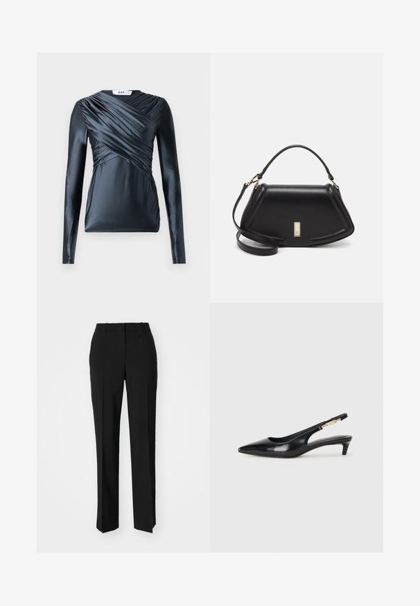 Langsleeve top in donker marineblauwe satijn met geplooide details aan de voorkant en een gladde textuur, voorzien van een ronde halslijn en een getailleerde pasvorm.; Zwarte op maat gemaakte broek met een recht model, voorzien van een soepele textuur en scherpe plooien aan de voorkant. Geen zichtbare hardware.; Zwarte leren slingback hakken met een spitse neus, voorzien van een slanke hak en een goudkleurige accent op de verstelbare band. Gladde textuur.; Zwarte leren handtas met een gestructureerd ontwerp, featuring een verkorte vorm, bovenhandvat en gouden hardwareaccent. Inclusief verstelbare schouderband.