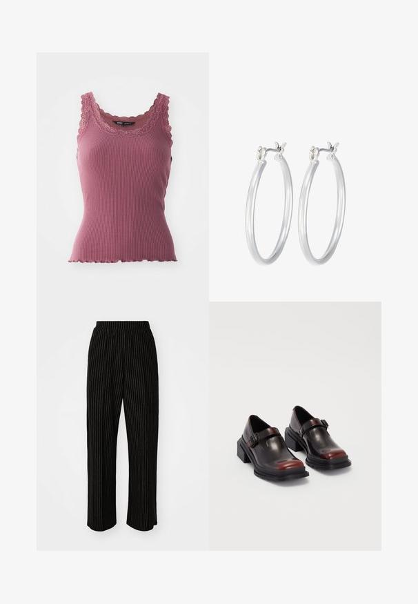 Rebrasta roza majica na naramnice z valovitim robom in čipkastim obrobom ob izrezu in naramnicah, narejena iz mehkega, raztegljivega materiala.; Črne široke hlače z belimi vertikalnimi štrikami, ki imajo elastičen pas za udobje in gladko, mehko teksturo.; Usnjeni čevlji z blok peto v sijočem temno burgundskem odtenku, s sponko in obliko okrogle pointe. Struktura podplata za dober oprijem.; Srebrni obroči za ušesa z gladko, polirano površino. Okrogla oblika in varna zaponka s klikom. Lahka zasnova, primerna za vsakodnevno nošenje.