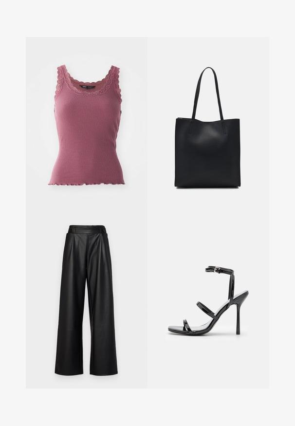 Ribbede rosa tanktopp med bølgete kant og blondedetaljer langs halsen og stroppene, laget av mykt og elastisk materiale.; Svarte, vide bukser laget av lær, med høy midje, folder og to sirkulære knapper foran for lukking.; Sorte lakk lær høyhælte sandaler med tre horisontale stropper og en justerbar ankelrem. Strømlinjeformet silhuett og blank overflate.; Svart lær tote bag med glatt tekstur, rektangulær form og to lange håndtak. Ingen synlige deler eller dekorasjoner.