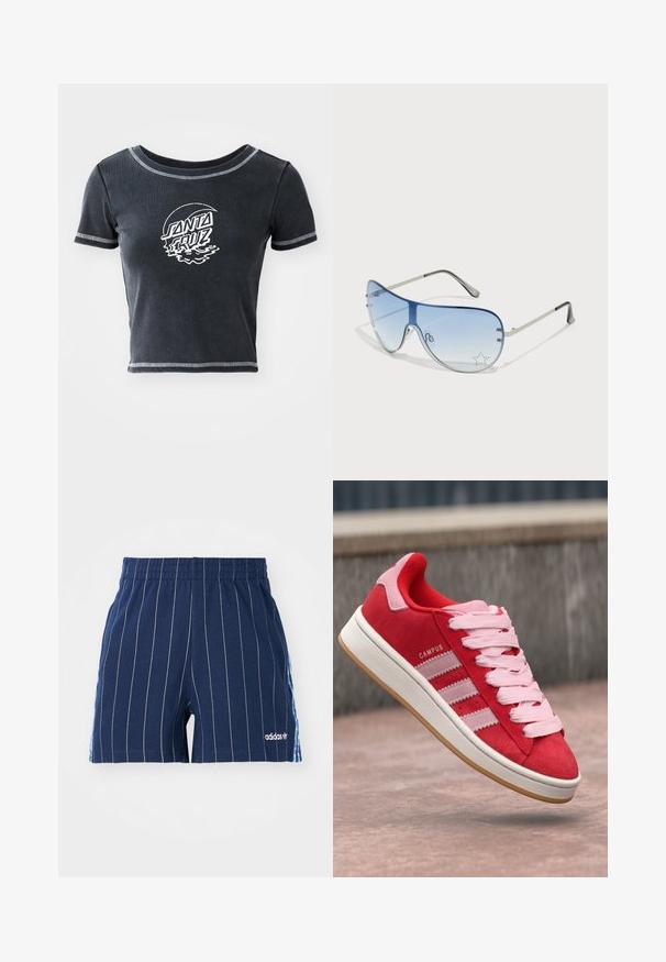 Tamno siva skraćena majica s kratkim rukavima, okruglim izrezom i bijelim grafičkim otiskom "SANTA CRUZ". Sadrži kontrastne šavove.; Mornarsko plave hlače s bijelim prugama, elastični pojas i Adidas logo. Sadrži plave naglaske sa strane, izrađene od mješavine pamuka.; Crvene nubuk tenisice s ružičastim naglascima, s tri bijele pruge i svijetloružičastim vezicama. Bijela srednja platforma i gumeni potplat u boji gume.; Naočale tipa avijatičar s gradijentnim plavim staklima, okvirom od srebrnog metala i dekorativnim zvjezdastim naglascima na staklima. Glatki i elegantni dizajn.