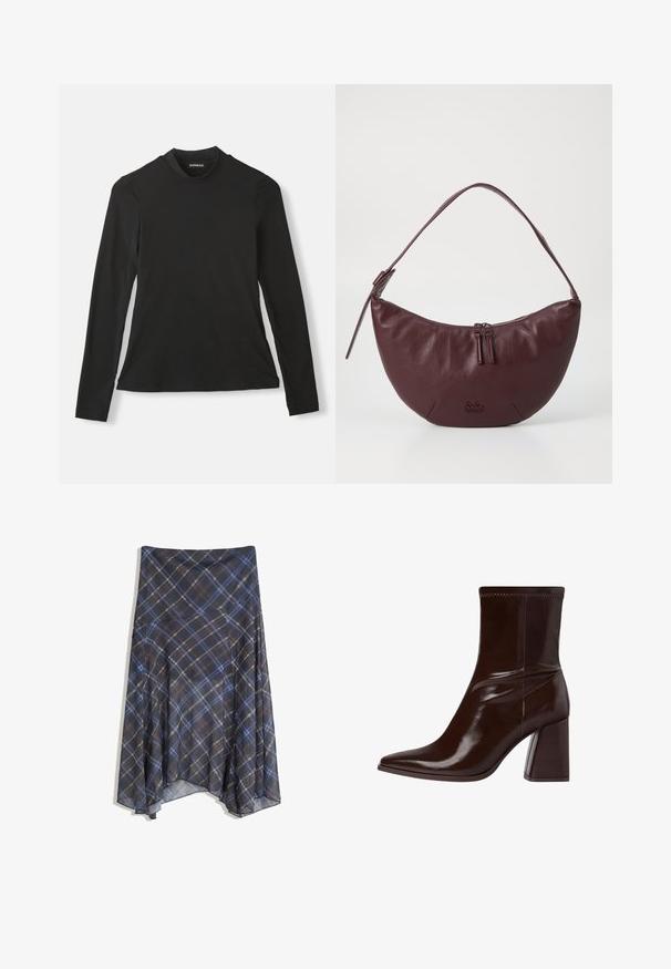 Schwarzes langärmliges T-Shirt aus weicher Baumwolle. Mit hohem Kragen und figurschmeichelndem Design, mit glatter Textur und ohne sichtbare Muster.; Schwarzer Karorock mit blauen und braunen Linien, fließendes Design, knielang, aus leichtem Stoff mit glatter Textur.; Braune Lackleder-Stiefelette mit spitzem Zehenbereich, elastischem Knöchel und blockartigem Absatz. Elegantes Design mit glatter Textur.; Bordeauxfarbene Lederhandtasche mit geschwungenem Design, ausgestattet mit einem Reißverschluss, zwei Reißverschlussanhängern und einem kurzen Schultergurt. Details umfassen ein geprägtes Logo.