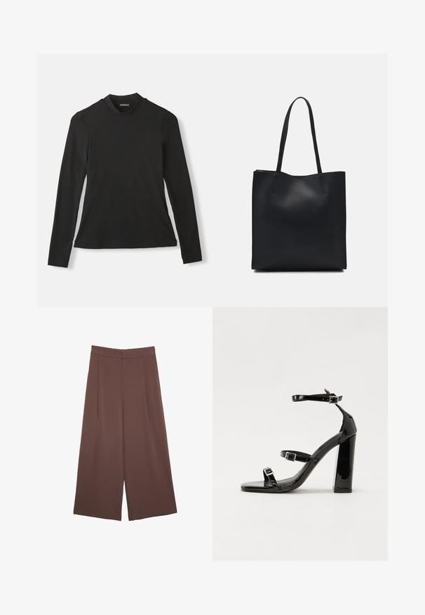 Czarna longsleeve koszulka z długim rękawem, wykonana z miękkiej bawełny. Posiada wysoki dekolt i dopasowany krój, charakteryzuje się gładką fakturą i brakiem widocznych wzorów.; Brązowe spodnie o szerokich nogawkach z gładką fakturą, z wysokim stanem i plisami z przodu. Materiał jest lekki i luźno opada.; Czarne lakierowane sandały na obcasie z kwadratowym noskiem, z paskami wokół kostki i srebrnymi klamrami. Posiadają masywny słupek dla stabilności.; Czarna skórzana torba tote o gładkiej fakturze, prostokątnym kształcie i dwóch długich uchwytach. Brak widocznych elementów metalowych i ozdób.