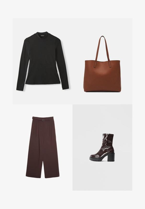 Černé tričko s dlouhým rukávem vyrobené z měkké bavlny. Má vysoký výstřih a slim fit střih, se hladkým povrchem a bez viditelných vzorů.; Stradivarius WIDE-LEG WITH BUCKLE DETAIL - Kalhoty - dark brown; Lesklá bordó kotníková bota s masivním černým podpatkem, se hladkým povrchem a jednoduchým designem. Žádné viditelné zapínání ani vzory.; Hnědá kožená taška přes rameno s hladkou texturou, otevřeným designem a dvěma ramenními popruhy. Obsahuje minimální švy a žádné viditelné kovové prvky.