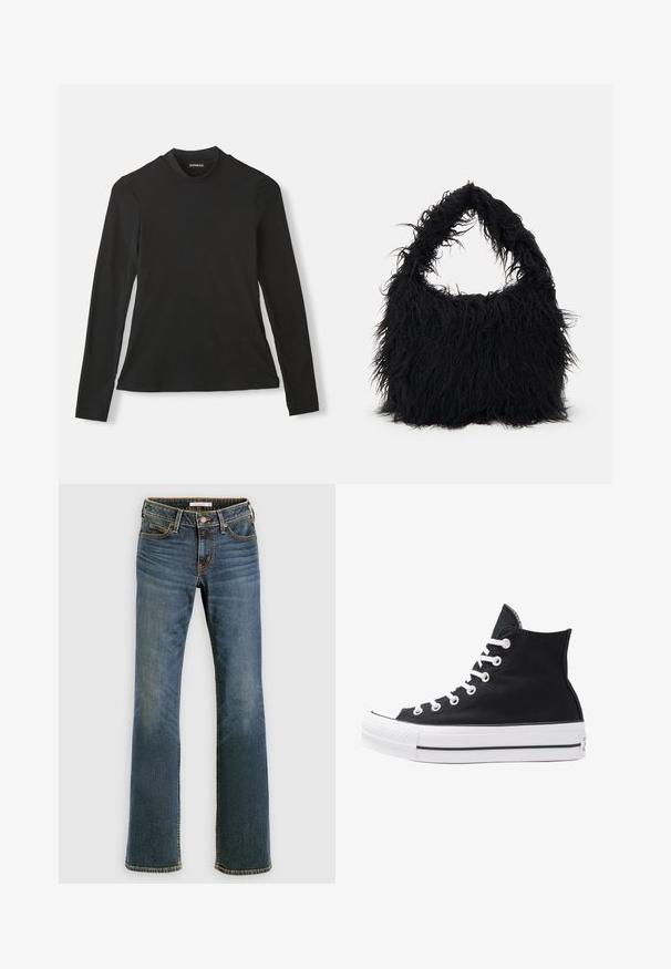 Black long-sleeve t-shirt made from soft cotton. Features a high neckline and fitted design, with a smooth texture and no visible patterns.; Blue denim bootcut jeans with front and back pockets, button and zipper closure, and subtle faded detailing on thighs and knees.; High-top black canvas sneaker with white eyelets, laces, and rubber sole. Features a textured toe cap and black and white stripe accents.; Even&Odd Tote bag - black