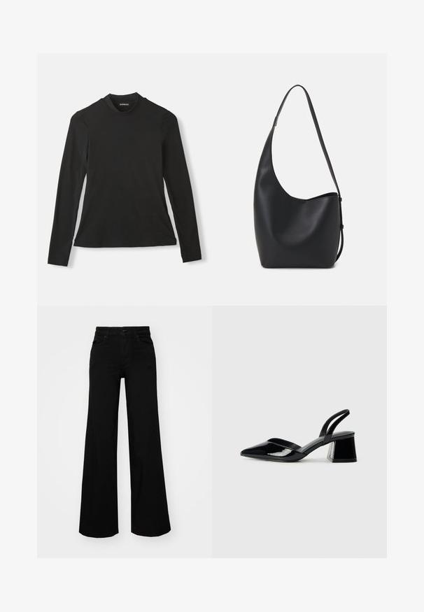 Black long-sleeve t-shirt made from soft cotton. Features a high neckline and fitted design, with a smooth texture and no visible patterns.; Black wide-leg pants made of denim, featuring a structured waistband, belt loops, and front pockets. Smooth texture with a classic design.; Black patent leather slingback heels with a pointed toe and a geometric block heel. Features a sleek, minimal design and smooth texture.; Black leather hobo bag with a smooth texture, curved shape, and single adjustable strap; features a wide opening at the top.