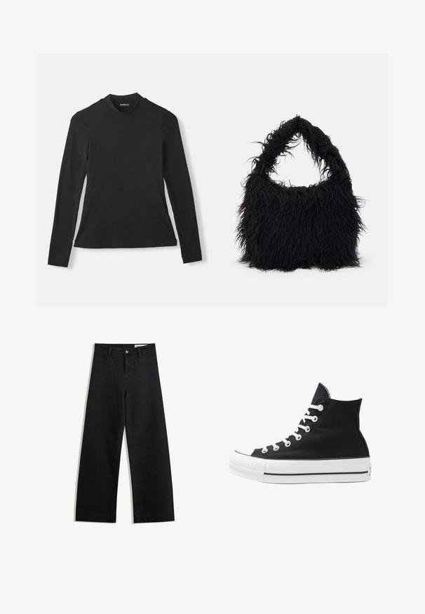 Schwarzes langärmliges T-Shirt aus weicher Baumwolle. Mit hohem Kragen und figurschmeichelndem Design, mit glatter Textur und ohne sichtbare Muster.; Schwarze weit geschnittene Jeans mit hoher Taille, ausgestattet mit Vorder- und Hintertaschen, gesteppten Nähten und einem Knopfverschluss. Glatte Textur.; Schwarze High-Top-Canvas-Sneaker mit weißen Ösen, Schnürsenkeln und Gummisohle. Verfügt über eine strukturierte Zehenkappe und schwarz-weiße Streifenakzente.; Even&Odd Shopping Bag - black