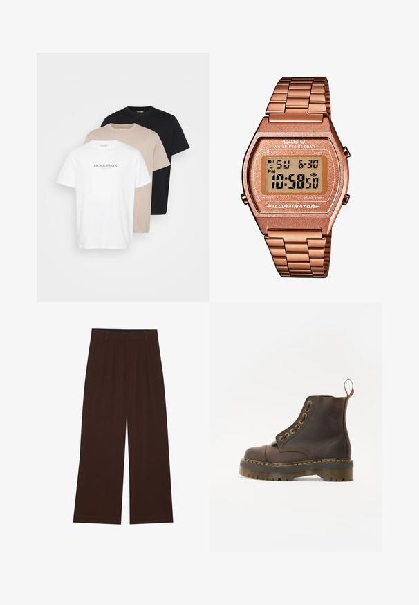Trys marškinėliai sukrėsti: balti su logo, smėliniai ir juodi. Pagaminti iš medvilnės, su apvalia iškirptė, trumpomis rankovėmis ir klasikiniu kirpimu.; Rudi plačiai praplečiami kelnių su klostėmis. Pagaminti iš lygaus audinio, su pritaikytu liemeniu ir šoninėmis kišenėmis. Lygus apačios kraštas.; Rudos odinės kulkšninių batus su apvalia nosimi, kontrastinga geltona siūle, dekoratyviniais metaliniais akių skyreliais ir grioveliuota guma pagrindu.; Skaitmeninis Casio laikrodis su rožinės aukso metaline juosta, stačiakampiu korpusu, apšviečiamu ekranu ir atsparumu vandeniui, rodomas laikas ir data.