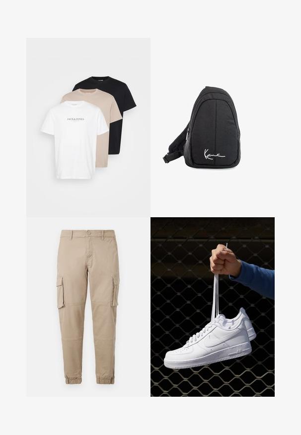 Tričko zložené do troch vrstiev: biele s logom, béžové a čierne. Vyrobené z bavlny, s okrúhlym výstrihom, krátkymi rukávmi a klasickým strihom.; Béžové cargo nohavice vyrobené z ľahkej bavlny. Majú elastické manžety, viacero bočných vreciek a zapínanie na gombík.; Biele kožené tenisky s perforáciami, okrúhlou špičkou, plochou podrážkou a hrubými šnúrkami, pričom majú viditeľné logo swoosh a nápis "AIR" na päte.; Čierny látkový vakuový batoh s hladkou textúrou, ktorý má zakrivený dizajn, zipsovú priehradku a biele logo vpredu.