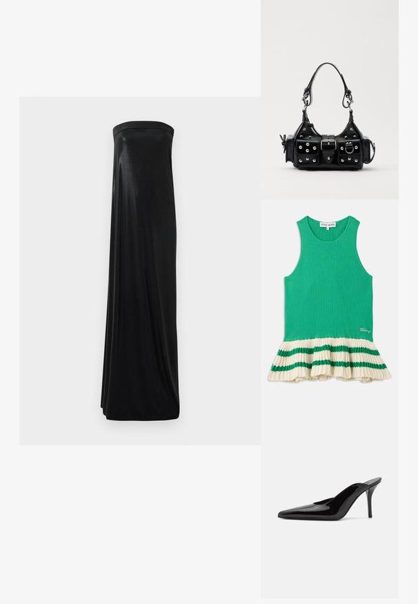 Green ribbed tank top with a flared cream knit hem featuring green stripes. Logo stitched on the front near the hem.; Black strapless maxi dress made of smooth, shiny fabric. Features a fitted bodice and flowing silhouette, reaching the floor without embellishments.; Black patent leather high-heeled mule with a pointed toe and a sleek silhouette, featuring an open back and a slender stiletto heel.; Black leather handbag with a curved design, featuring silver studs, a buckle, and two side pockets. Adjustable strap for carrying options.