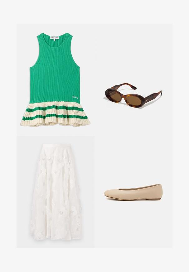Zelený žebrovaný top bez rukávů s rozšířeným krémovým pleteným lemem, který má zelené pruhy. Na přední straně blízké lemu je vyšité logo.; Světle růžový peplum top vyrobený z lesklého saténového materiálu. Má čtvercový výstřih a nabírané rukávy s elastickým lemem.; Bílá sukně po kolena s květinovou výšivkou a stříbrnými flitry. Lehká, splývavá tkanina s volánkovými vrstvami a přiléhavým pasem.; Béžové kožené baletní byty s kulatou špičkou, minimálním prošíváním, nízkým podpatkem a decentním logem na zadní straně. Hladký, matný povrch.; Kočičí sluneční brýle s oválnými skly, hnědým tónem a zlatými akcenty na ramenech. Silné rámy s lesklým povrchem a hladkou texturou.