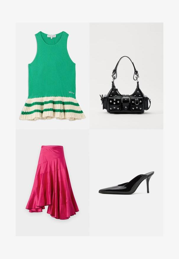 Groene geribbelde tanktop met een flared crèmekleurige gebreide zoom met groene strepen. Logo geborduurd aan de voorkant nabij de zoom.; Magenta satijnen rok met een uitlopende zoom, voorzien van gelaagde panelen en een asymmetrisch ontwerp. Gladde textuur en halflange snit.; Zwarte gepatineerde leren hoge hak muiltjes met een spitse neus en een slanke silhouet, met een open achterkant en een slanke stilettohak.; Zwarte lederen handtas met een gebogen ontwerp, voorzien van zilveren studs, een gesp en twee zijvakken. Verstelbare schouderband voor verschillende draagmogelijkheden.