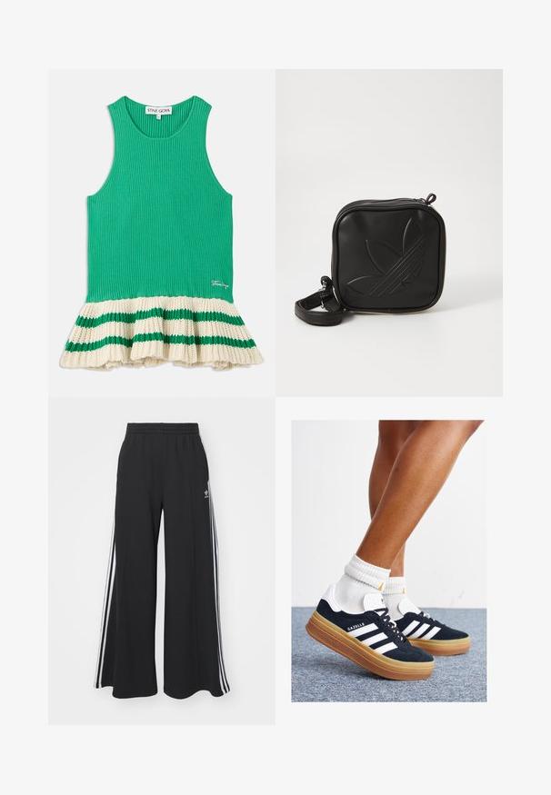 Green ribbed tank top with a flared cream knit hem featuring green stripes. Logo stitched on the front near the hem.; Black wide-leg sweatpants with an elastic waistband, featuring white side stripes and an embroidered logo on the left thigh.; Black suede sneakers with white stripes and accents, rounded toe, gum rubber outsole, paired with white ribbed crew socks.; Black square crossbody bag made of textured synthetic material. Features an embossed logo design and adjustable strap. Zipper closure.