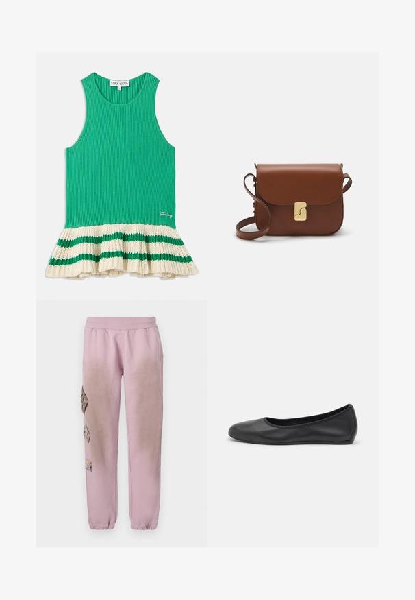Zöld bordázott ujjatlan felső, krém színű, fodros kötött szegéllyel, zöld csíkokkal. Logó hímzett az elején, a szegély közelében.; Rózsaszín melegítőnadrág elasztikus derékkal, bal oldalon gyémánt alakú dekoratív foltokkal és elasztikus szárakkal az bokákon.; Fekete bőr balettcipő lekerekített orral, sima tekstúrával, minimális varrással és rugalmas talp kialakítással.; Barna bőr kézitáska, hajtókás zárással, arany színű fém kiegészítőkkel, vállpánttal és sima felülettel. Kompakt téglalap alakú.