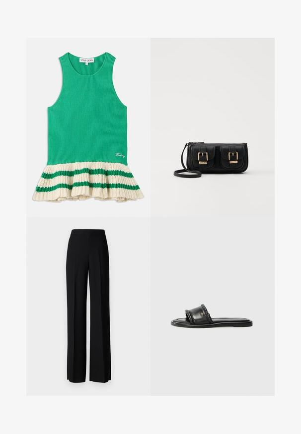 Zelený rebrovaný top s flitrovým krémovým okrajom, ktorý má zelené pruhy. Na prednej strane blízko okraja je vyšité logo.; Čierne široké nohavice s hladkým povrchom, s vysokým pásom a stredovými skladmi. Žiadne viditeľné vzory ani hardvérové detaily.; Čierne kožené sandále s tkaným remienkom, plochou podrážkou a elegantným dizajnom. Hladký povrch a minimalistický profil.; Čierna kožená crossbody taška s dvoma prednými vreckami, zlatými sponami, zipsovým uzatváraním a úzkym popruhom. Štruktúrovaný povrch a kompaktný obdĺžnikový tvar.