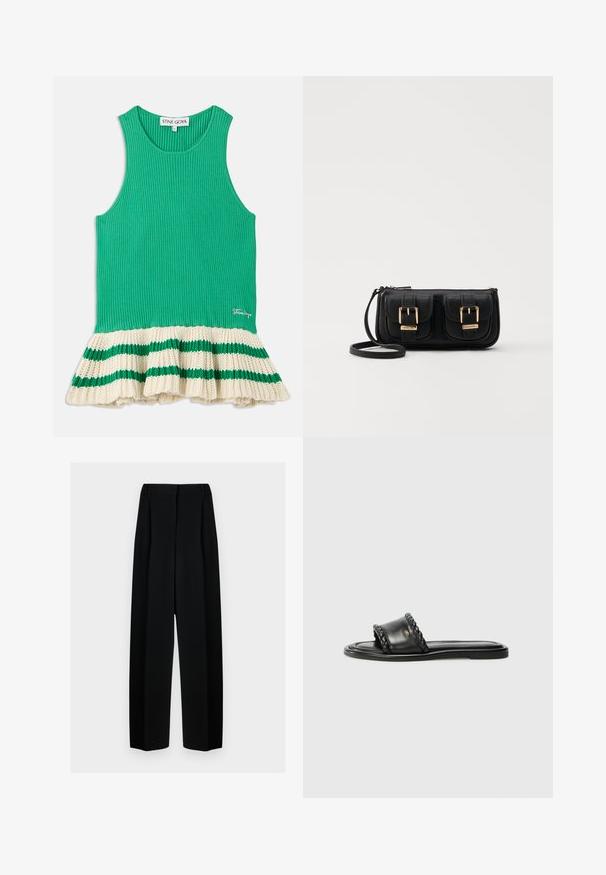 Green ribbed tank top with a flared cream knit hem featuring green stripes. Logo stitched on the front near the hem.; Black wide-leg trousers with a high waist, featuring pleats and a smooth texture. The fabric appears lightweight and drapes elegantly.; Black leather sandal with a woven strap detail, flat sole, and a sleek design. Smooth texture and minimalistic profile.; Black leather crossbody bag with two front pockets, gold buckles, zipper closure, and a slim strap. Textured surface and compact rectangular shape.