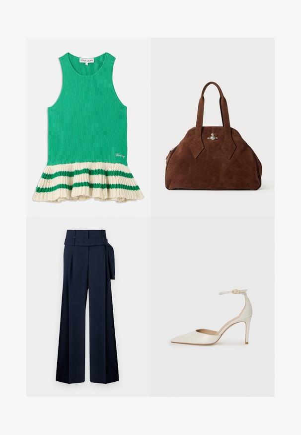 Zeleno rebrast majica brez rokavov s širokim kremastim pletenim robom, okrašenim z zelenimi črtami. Logotip je všit na sprednji strani blizu roba.; Mornarske široke hlače z visokim pasom, ki vključujejo pas z okrasnimi gumbi in plisse obleko spredaj, izdelane iz gladkega materiala.; Bela usnjena čevlja na visoki peti z ozkim prstom, trakom okoli gležnja in tanko stiletto peto. Gladka tekstura z rahlim sijočim finišem.; Rjav sueden torbica s strukturovano obliko, zaobljeno telo in podolgovat diamanten ročaj. Ima srebrno kovinsko zapiranje.