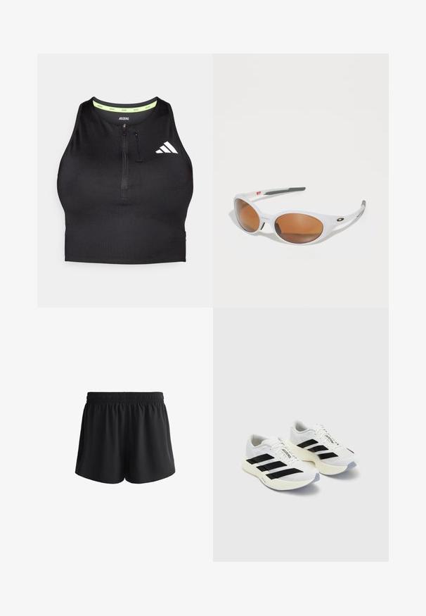 Sort trænings crop top med lynlås foran, lavet af glat stof. Har en grøn indvendig halsudskæring og et hvidt logo på siden.; Sorte atletiske shorts med elastisk talje, blødt stof og løs pasform, der har sidelommer og glatte kanter.; Hvide sportsko med sorte striber og branding, med en mesh-overdel, afrundet tå og tyk cremefarvet sål til polstring.; Hvide solbriller med brune linser, oval form, lavet af glat plastik, med grå accenter på stængerne og et logo på rammen.