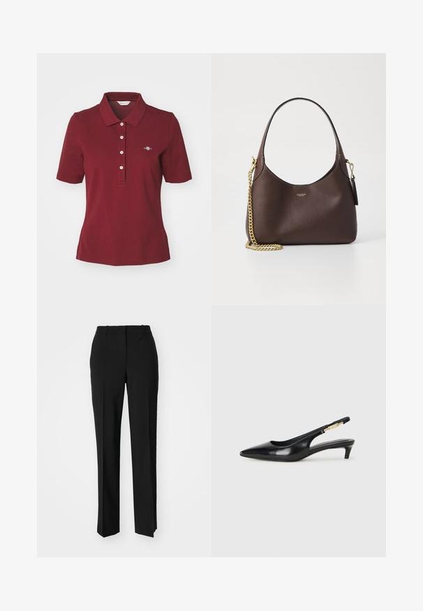 GANT SLIM FIT - Polo - plumped red; Pantaloni neri su misura con un design a gamba dritta, caratterizzati da una texture liscia e pieghe ben definite sul davanti. Senza hardware visibile.; Tacchi slingback in pelle nera con punta affusolata, caratterizzati da un tacco alto e un accento dorato sulla cinghia regolabile. Texture liscia.; COACH BROOKLYN SHOULDER BAG 23 - Borsa a mano - maple