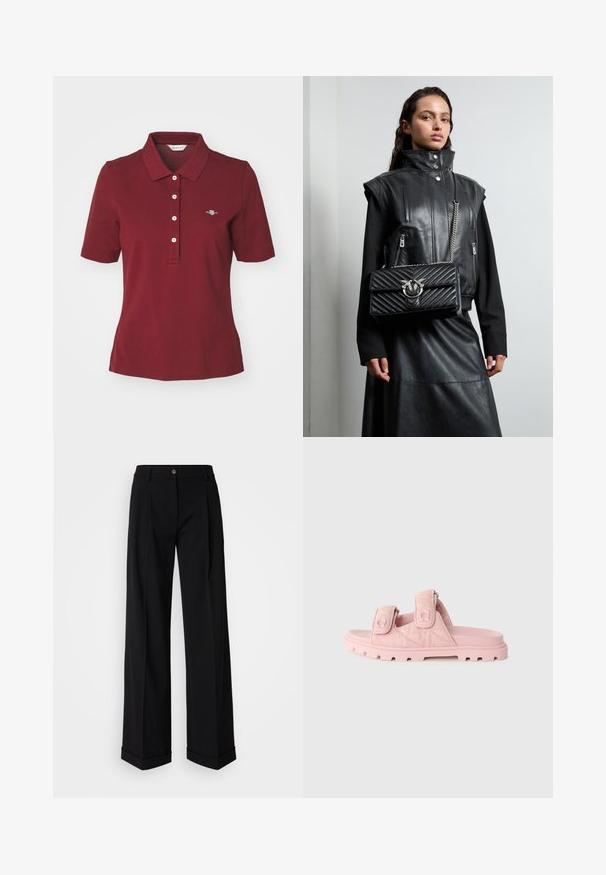 GANT SLIM FIT - Polokošeľa - plumped red; Čierne nohavice s širokými nohavicami z hladkej látky, s predným zapínaním na gombík a dvoma prednými záhybmi. Spodný okraj je manžetový. Minimalistický dizajn.; Ružové šľapky so sladkými dvoma nastaviteľnými suchými zipsami, textilným zvrškom a robustnou, hrubou podrážkou s hlbokými drážkami.; Čierny kožený vest s vysokým golierom, so zipsom na vreckách a čiernou prešívanou kabelkou so striebornými kovovými detailami, nosený s dlhou čiernou sukňou.