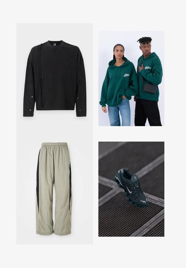 Melna garām piedurknēm sporta krekls ar apaļu kaklu, ar smalku logotipu priekšā un spiedpogu detaļām uz piedurknēm, izgatavots no mīkstas auduma.; Vieglie, brīvi pieguļoši bikses gaišā pelēkā krāsā ar melniem sānu paneļiem. Satur elastīgu jostasvīru un gludu, teksturētu audumu.; Tumši zaļi Nike Shox sporta apavi ar tīkla augšdaļu, gumijas akcentiem un izteiksmīgu mīkstināto zoli. Sudraba Nike logotips sānos. Redzamas teksturētas detaļas.; Zaļi kapuci džemperi ar priekšējām kabatām, brīva piegriezuma. Viens modelis valkā melnus džinsus, otrs nes melnu krišanas somu.