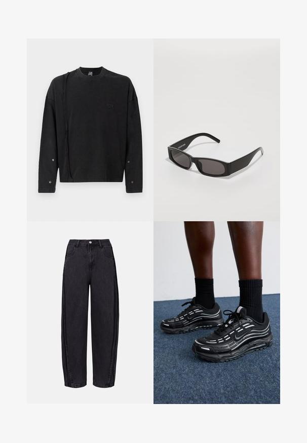Melna garām piedurknēm sporta krekls ar apaļu kaklu, ar smalku logotipu priekšā un spiedpogu detaļām uz piedurknēm, izgatavots no mīkstas auduma.; Melni platās kājas džinsi, izgatavoti no gluda denima. Iespējas ietver augstu jostasvietu, priekšējās kabatas un pogu aizdari jostasvietā.; Melni Nike apavi ar sietveida augšdaļu, akcentējošām svītrām, teksturētām šņorēm un melnu gumijas zoli. Valkāti ar melniem ribota auduma zeķēm.; Melnas taisnstūrveida saulesbrilles ar tumšiem stikliem, gludu plastmasas rāmi un izteiktu logotipu kreisajā rokā. Minimalistisks dizains.