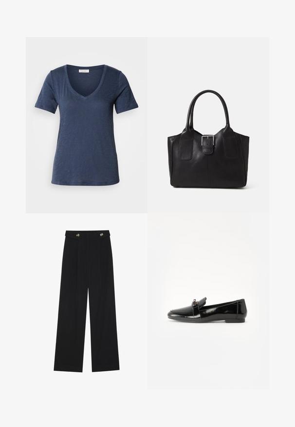 T-shirt azul marinho com decote em V, confeccionado em um tecido macio e texturizado. Mangas curtas e corte relaxado, apresentando um rótulo discreto da marca na gola.; Calças largas pretas com cintura alta, detalhes em botão na cintura e pregas frontais.; Mocassim em cabedal preto brilhante com sola plana, bico arredondado e uma faixa decorativa com um detalhe em tom dourado. Acabamento liso e cintilante.;  Bolsa tote de couro preta com textura suave, forma estruturada, duas alças e um destaque prateado proeminente na parte da frente.