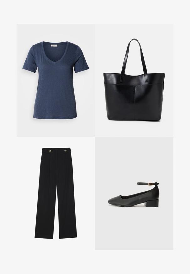 Navy modra V-izrezana majica iz mehke, teksturirane tkanine. Kratki rokavi in sproščen kroj, z neopazno oznako blagovne znamke na ovratniku.; Črne široke hlače s visokim pasom, gumbnimi detajli na pasu in sprednjimi gubami.; Črne usnjene pumpice z nazobčanimi prsti in nizko blokasto peto. Imajo trak okoli gležnja z zaponko v zlatem tonu. Gladka tekstura.; Črna usnjena torba z dvema dolgima ročajema, gladko teksturo in strukturirano obliko. Ima sprednji žep za dodatno shranjevanje.