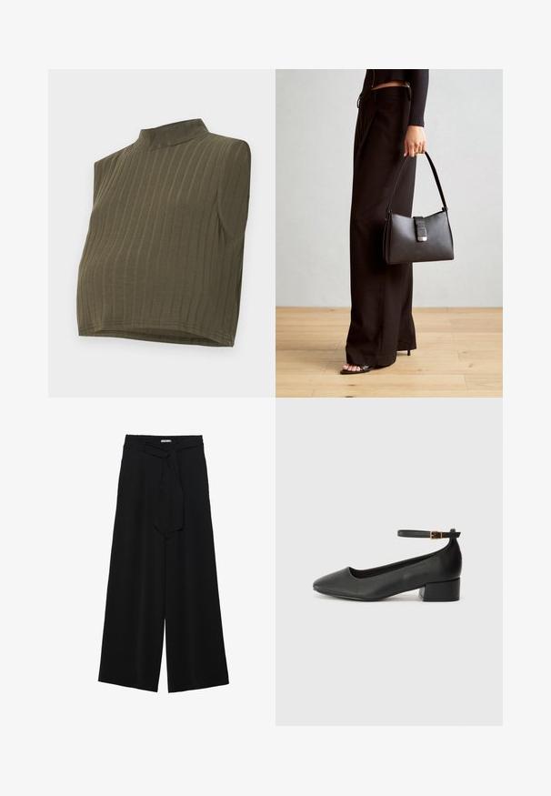 Khaki värvi ilma varrukateta pehme ja veniv pluus, millel on kõrge kaelus, vertikaalne ribakujundus ja lühikene lõige. Mugav, figuuri järgiv kangas.; Mustad laiad püksid, millel on tekstureeritud kangas, elastne vöökoht ja eemaldatav pael vööst, et reguleerida sobivust.; Must mustaapp, millel on terav nina ja madal blokk-kand. Omab pahkluu rihma koos kuldse tooni pandlaga. Sile tekstuur.; Must musta kott, millel on struktureeritud kuju, sile tekstuur ja metallist klamber. Kombineeritud laiate mustade pükstega ja avatud varvaste sandaalidega puidust põrandal.