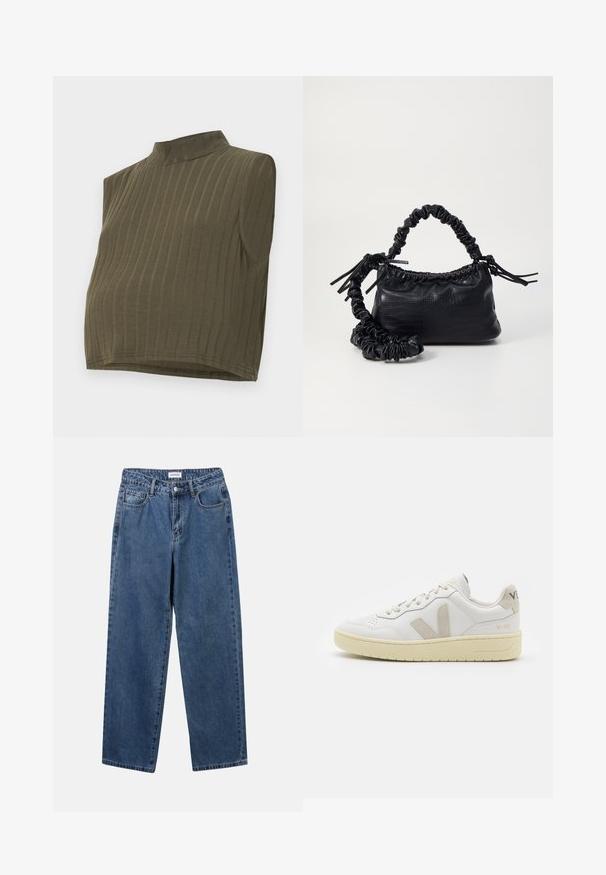 Chaki bežinis be rankovių viršus su imitaciniu kaklu, su vertikaliu raukšlėtu raštu ir trumpu dizainu. Minkšta, elastinga medžiaga su prigludusia siluetu.; Klasikiniai mėlynos džinsinio audinio džinsai su tiesiomis kojomis, penkiomis kišenėmis ir mygtukų uždarymu. Pasižymi vidutiniu skalbimu ir tvirtu audiniu.; Balti odiniai sportbačiai su kreminiais zomšos akcentais, perforuota pirštų dalimi, plokščiomis raišteliais ir struktūruota kreminėmis padomis. Ant kulno yra subtilus ženklinimas.; Juodas dirbtinės odos rankinė su krokodilo tekstūra, sušnibždinta viršuje ir susikraipytu dirželiu. Atrodo minkšta ir kompaktiška.