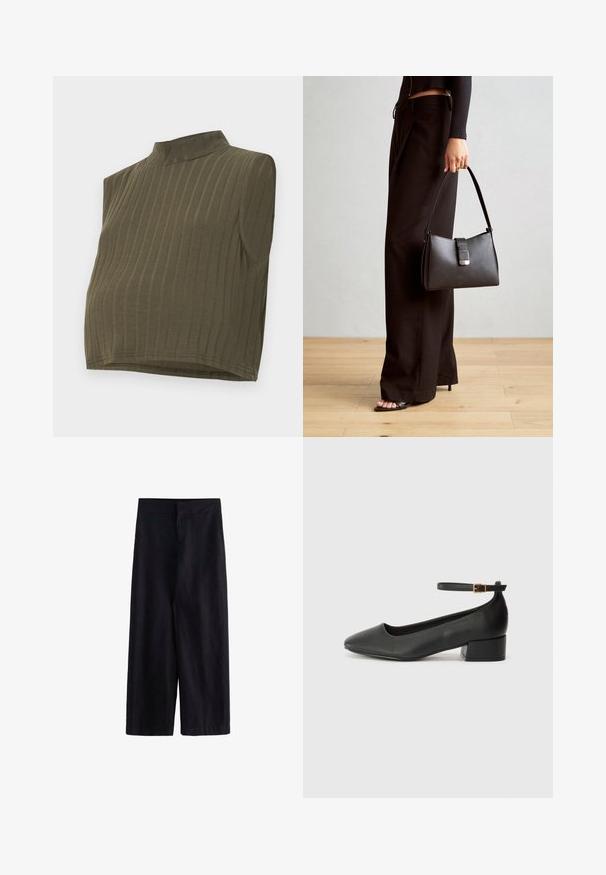 Kaki brezrokavnik s srajčnim ovratnikom, ki ima navpične rebraste teksture in skrajšano zasnovo. Mehka, raztegljiva tkanina s prilegljivim silhueto.; Črne široke hlače, narejene iz lahke tkanine. Imajo ravno širino v pasu s sprednjim zadrgo in žepi, primerne za vsakodnevno ali formalno nošnjo.; Črne usnjene pumpice z nazobčanimi prsti in nizko blokasto peto. Imajo trak okoli gležnja z zaponko v zlatem tonu. Gladka tekstura.; Črna torbica z strukturirano obliko, gladko teksturo in kovinskim zaponko. Ujemajo se z širokimi črnimi hlačami in odprtimi sandali na lesenem tleh.