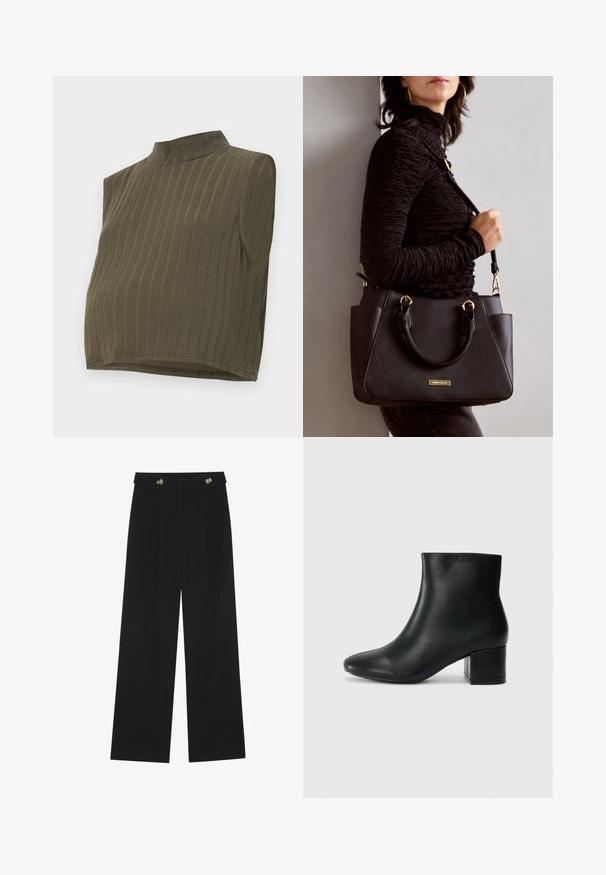 Top khaki sem mangas, com um pescoço encapuzado, apresentando textura canelada vertical e um design curto. Material suave e elástico com uma silhueta justa.; Calças largas pretas com cintura alta, detalhes em botão na cintura e pregas frontais.; Botas de tornozelo em pele preta com bico pontiagudo e um salto robusto. Textura suave com acentos mínimos e um design ajustado e elegante.; Bolsa preta com superfície texturizada, alças superiores duplas e alça de ombro ajustável. Apresenta ferragens em tom dourado e bolsos laterais.