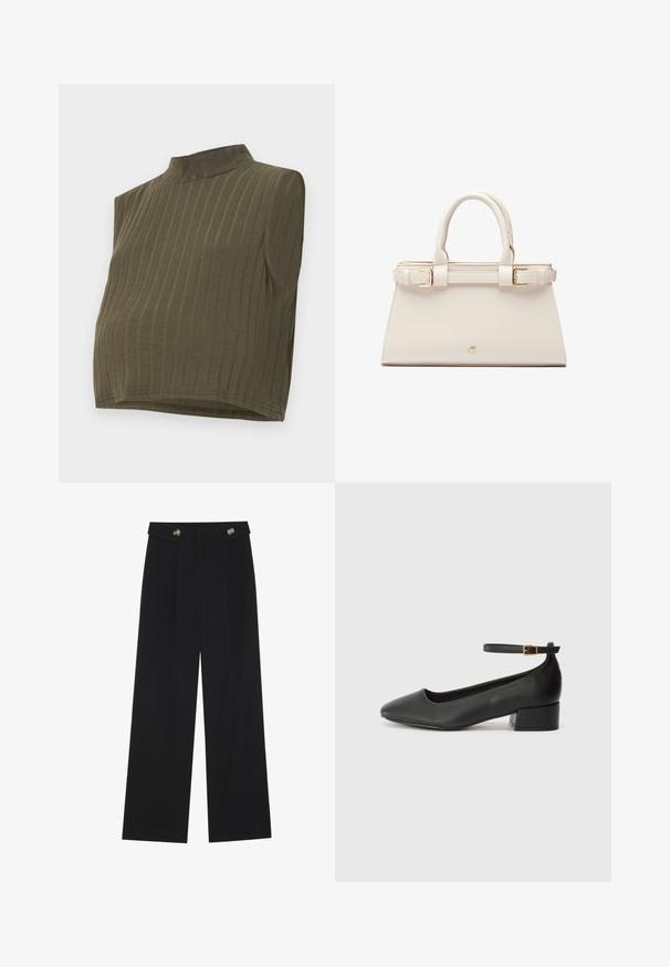 Kaki bezvirsotne blūzes ar augsto apkakli, ar vertikālu ribota raksta tekstūru un īsu dizainu. Mīksts, elastīgs materiāls ar pieguļošu siluetu.; Melnas platās bikses ar augstu jostasvietu, pogu detaļām uz jostas un priekšējām krokām.; Melnas ādas sūkņi ar smailu purngalu un zemu bloku papēdi. Iezīmēts ar potītes siksniņu ar zelta krāsas sprādzi. Gluda tekstūra.; Strukturēta rokassoma kremkrāsas mākslīgās ādas ar zelta aparatūru. Iekļauj divas augšējās rokturus un sprādzi uz priekšpuses.