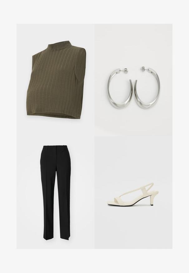 Khaki mouwloze top met een opstaand kraagje, voorzien van een verticale geribbelde textuur en een cropped ontwerp. Zacht, rekbaar materiaal met een aansluitende pasvorm.; Zwarte op maat gemaakte broek met een recht model, voorzien van een soepele textuur en scherpe plooien aan de voorkant. Geen zichtbare hardware.; Beige blockhak sandalen met dunne bandjes en een vierkante neus. Glad materiaal met minimale details, ontworpen voor eenvoudig dragen.; Zilveren oorringen met een gladde, gebogen vorm. Voorzien van een glanzende metallic afwerking en studsluiting. Geen zichtbare patronen of accenten.