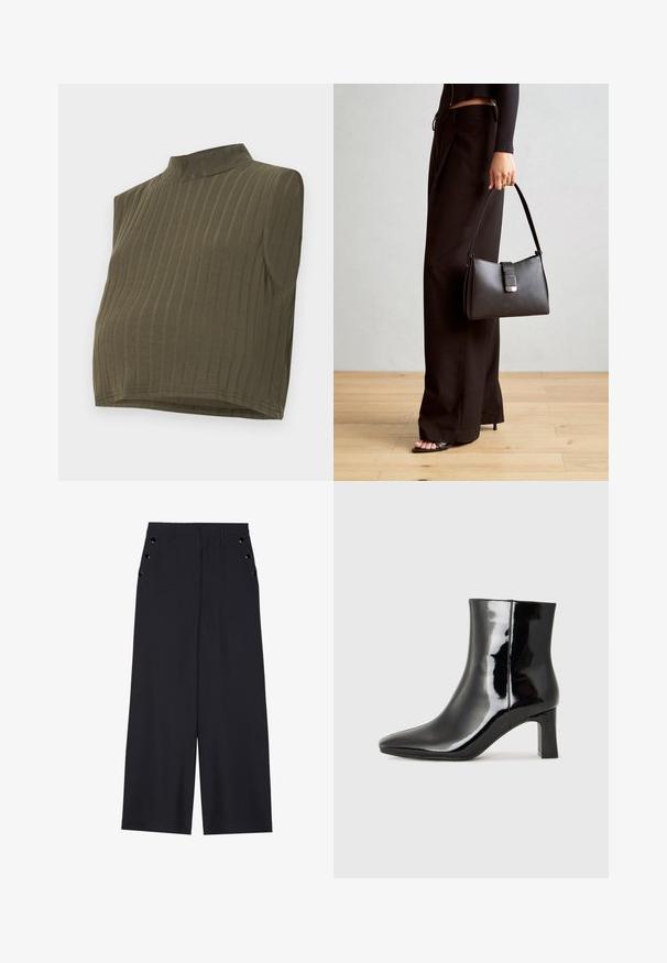 Kaki bezvirsotne blūzes ar augsto apkakli, ar vertikālu ribota raksta tekstūru un īsu dizainu. Mīksts, elastīgs materiāls ar pieguļošu siluetu.; Platīsara bikses tumši zilā audumā, kurām ir gluda tekstūra, priekšējie kroki un dekoratīvi zeltaini acs pie sānu kabatām.; Melnas patentētas ādas potīšu zābaki ar norādītu pirkstu un vidēja augstuma kvadrātveida papēdi. Gluda tekstūra un minimālisma dizains.; Melnā somiņa ar strukturētu formu, gludu tekstūru un metālu sprādzi. Saskaņota ar platām melnām biksēm un sandālēm ar atvērtu purngalu uz koka grīdas.